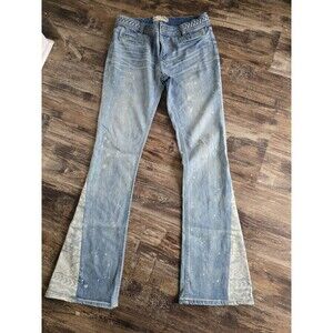 Free People Flare Jeans Size 27 Light Wash Woven Lattice Back Pockets Patterned